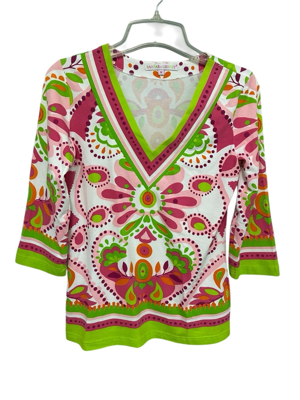 Barbara Gerwit Top Size M V-Neck 3/4 Sleeve Colorful Pink and Green Floral